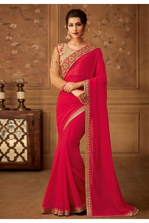 Magenta georgette embroidered saree with blouse  512